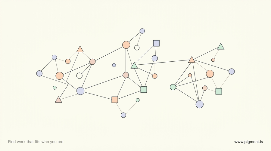 Abstract geometric constellation of peach, lavender, and mint nodes on cream, evoking an aptitude test for a job as a measure of reasoning and pattern recognition.