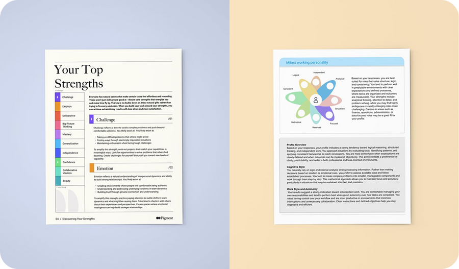 Two Pigment assessment documents displayed side by side on a split blue and beige background. The left document, titled 'Your Top Strengths,' lists personality strengths such as Challenge, Emotion, Deliberative, Big-Picture Thinking, and others, with deta