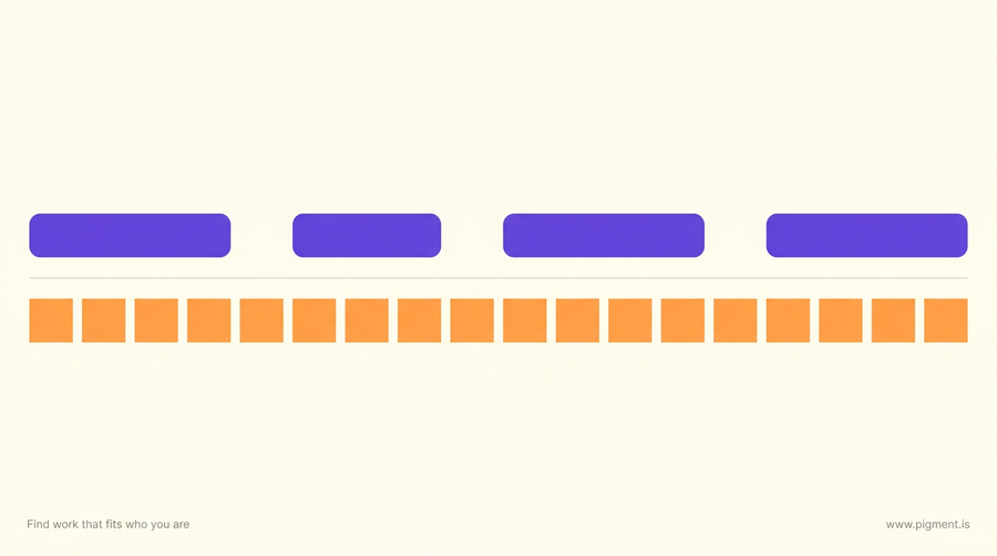 Abstract flat-vector composition on cream: one band of four dense rounded blocks above a band of many evenly spaced small squares, showing two shapes of a working month.
