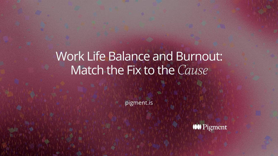 Abstract composition on cream: a row of soft circles where a few shrink under a heavy bar and a few shrink on their own, showing that work life balance and burnout have more than one cause.