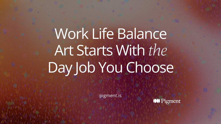 Abstract hero for work life balance art: three soft shapes for paid work, art, and life resting together on one long bar, none pushing the others off