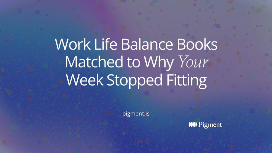Abstract cover for a guide to work life balance books: four rounded book-spine shapes in peach, lavender, mint and ice blue leaning on a shelf line, one standing upright.