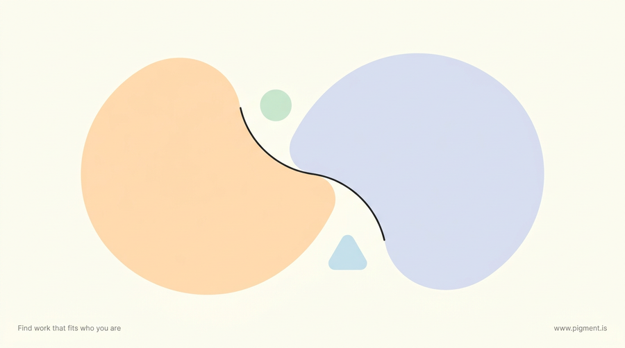 Abstract Pigment illustration for work-life balance: a peach form and a lavender form interlocking as matched halves of one shape on warm cream, suggesting work and life fitting together rather than competing.