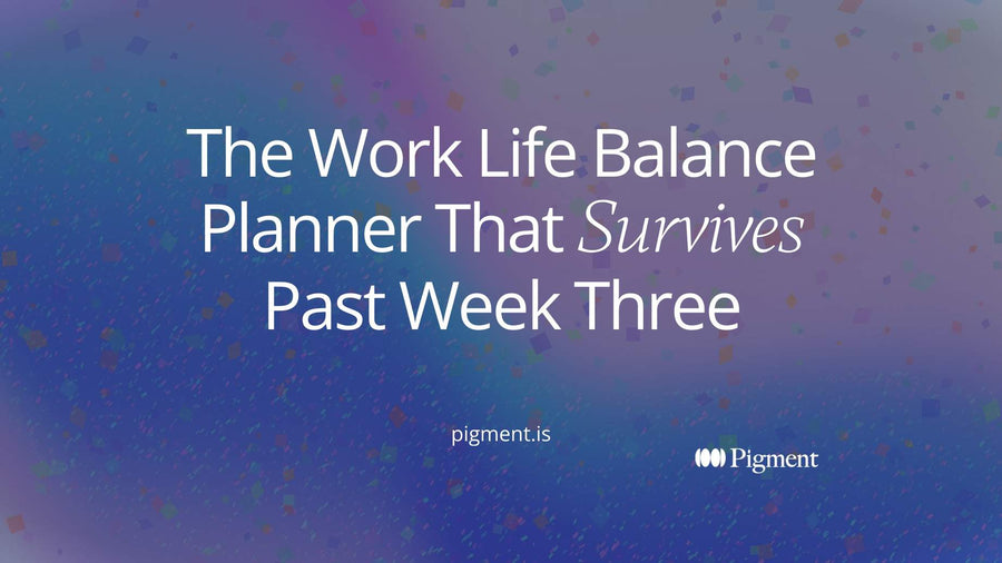 Abstract weekly grid of peach, lavender and mint blocks on cream, suggesting a work life balance planner with work and personal time on one page