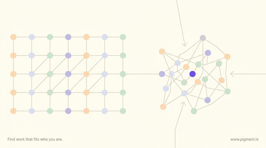 Abstract composition on warm cream: a constellation of small peach, lavender, and mint nodes on thin lines, calm and evenly spaced on the left, pulled into a denser tensioned cluster on the right by three directional lines.