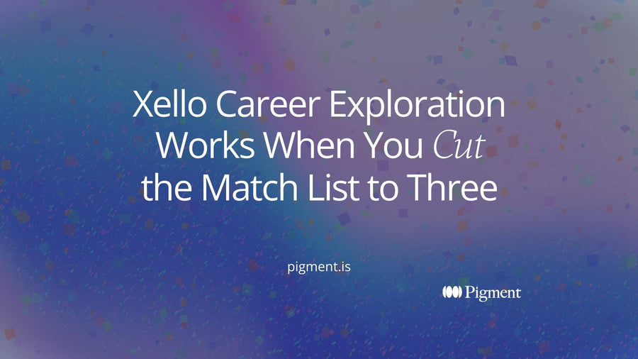 Abstract cover for a guide to Xello career exploration: many small pastel circles on cream narrowing to three larger violet circles, the long match list cut to three careers.
