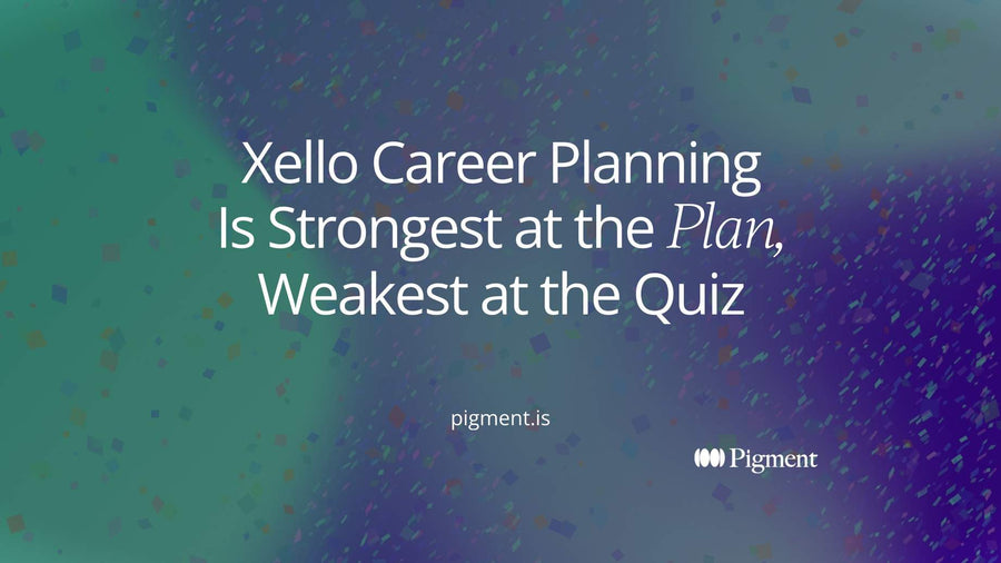 Abstract cover art for Xello career planning: a loose cluster of small peach and lilac dots on the left resolving into two ordered lavender and mint bars on the right, joined by a thin charcoal line on cream