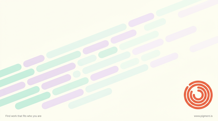 Abstract Pigment hero: a broad flowing band of mint and lavender forms sweeping forward, beside one small tense coral coil, on a warm cream background.
