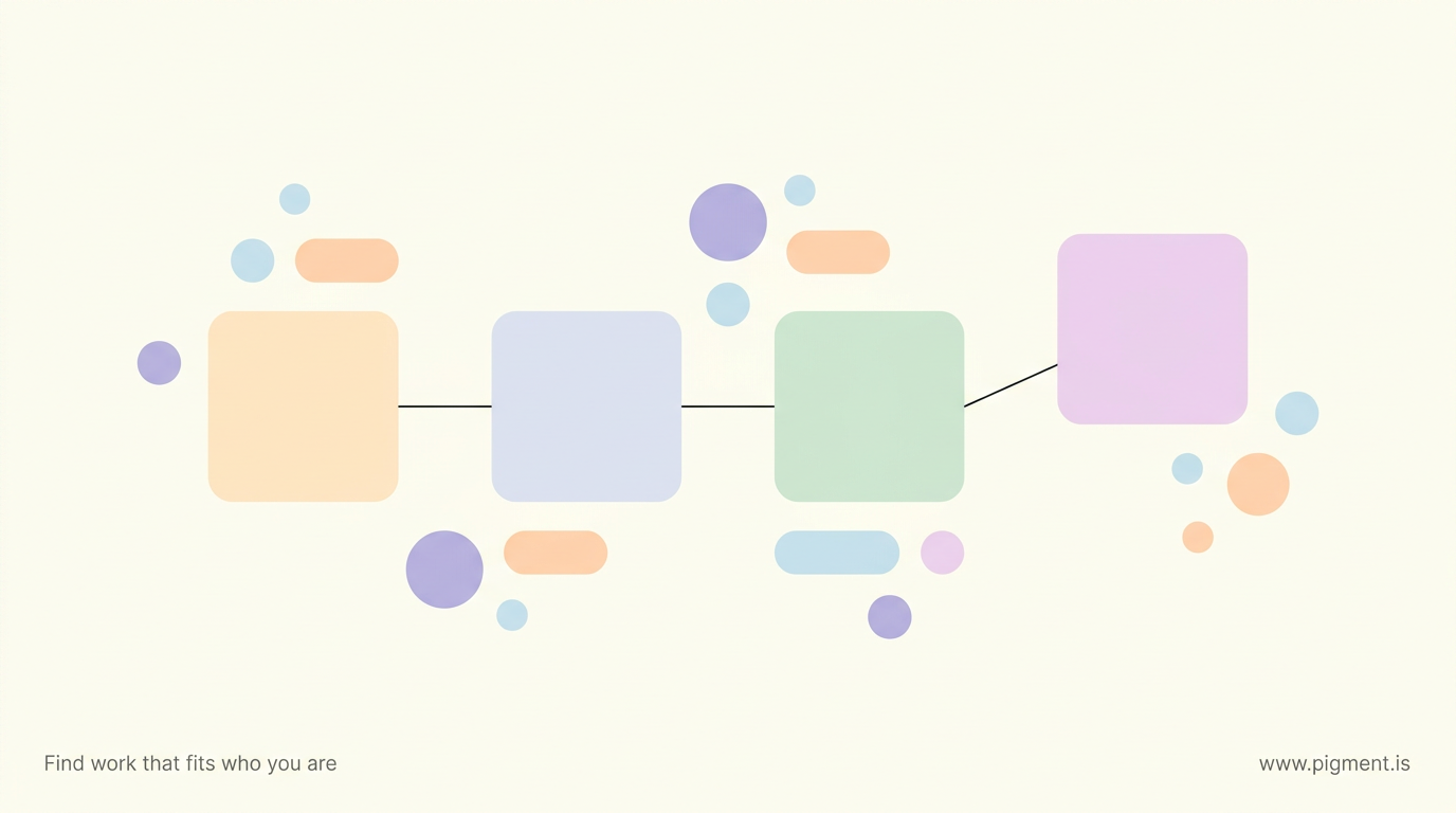 Abstract illustration for the best career test guide: soft rounded peach, lavender, mint, lilac, and ice-blue shapes on cream, with four larger tiles linked by thin lines, suggesting criteria for judging a career aptitude test.