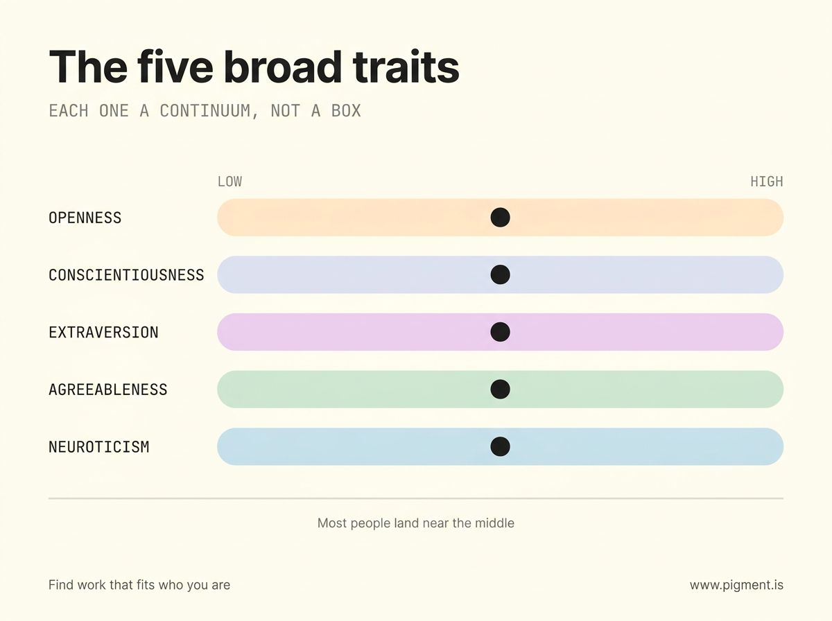 Infographic of the Big Five as five continuous spectrums labeled Openness, Conscientiousness, Extraversion, Agreeableness, Neuroticism, each with a marker near the middle, showing the traits are scales rather than categories.