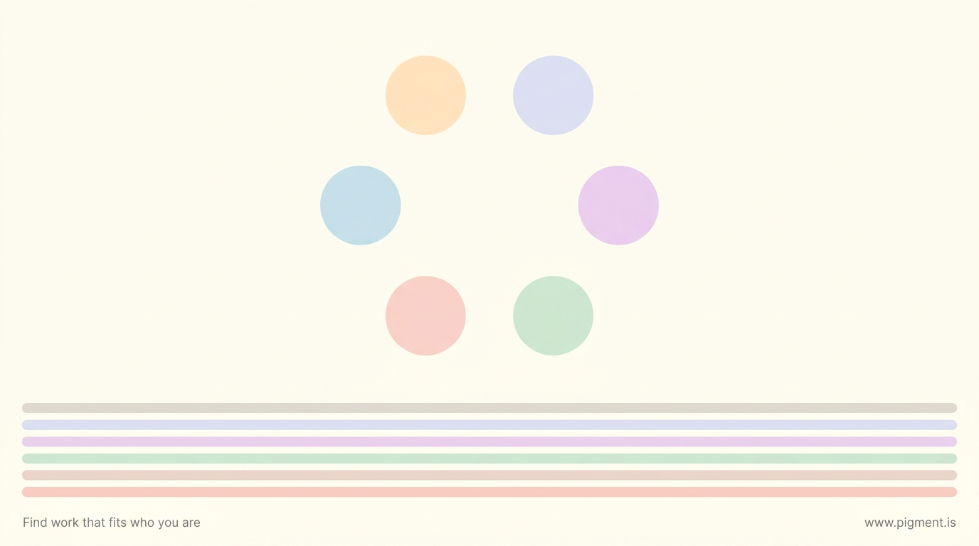 Abstract warm composition: a loose ring of six soft pastel orbs above a band of calm horizontal stripes, suggesting the pull of different interests resting on the steadier rhythm of everyday work