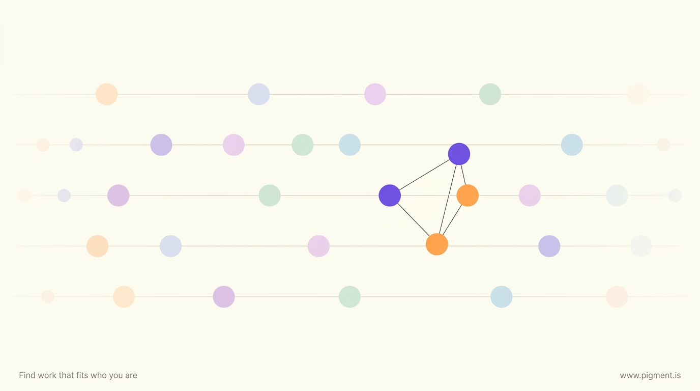 Abstract warm-cream hero: small pastel nodes scattered along faint horizontal spectrums, with five brighter violet and orange nodes standing out and linked in a small constellation, in peach, lavender, lilac, mint and ice blue.