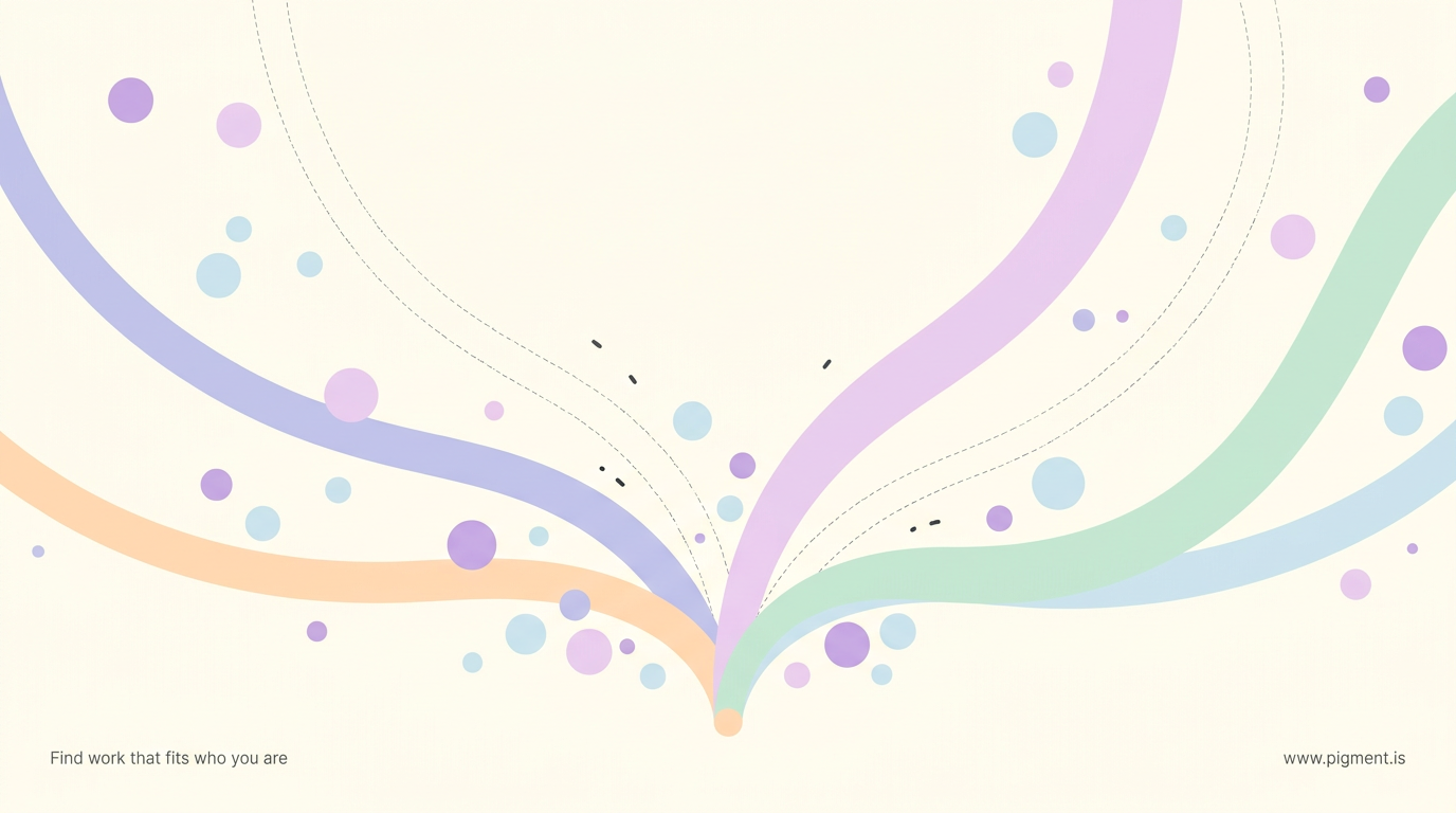 Abstract warm composition of soft colored paths fanning out and widening from a single origin point, some fully drawn and some faint, evoking a teenager's career exploration opening into many directions.