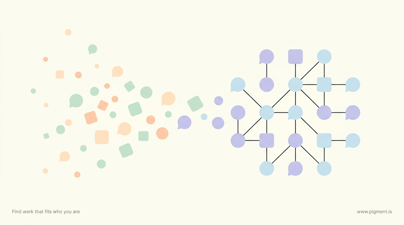 Abstract flat-vector composition on warm cream: playful scattered peach and mint shapes on the left gather into an ordered lavender and ice-blue constellation on the right, evoking a shareable quiz becoming a measured read.