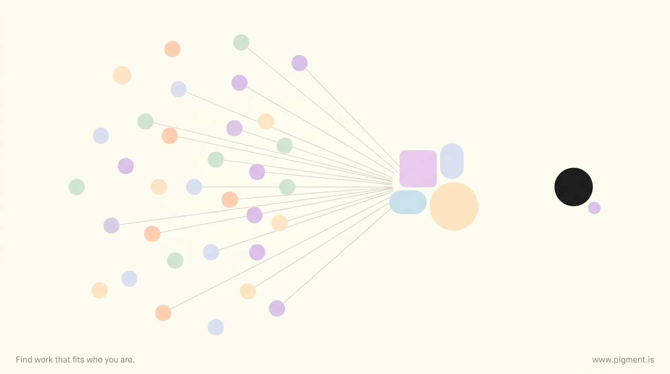 Abstract Pigment hero on cream: a loose crowd of small peach, lavender, and mint circles gathers along thin gray lines toward a small central cluster, while one charcoal circle sits apart on the right, untouched by the lines.