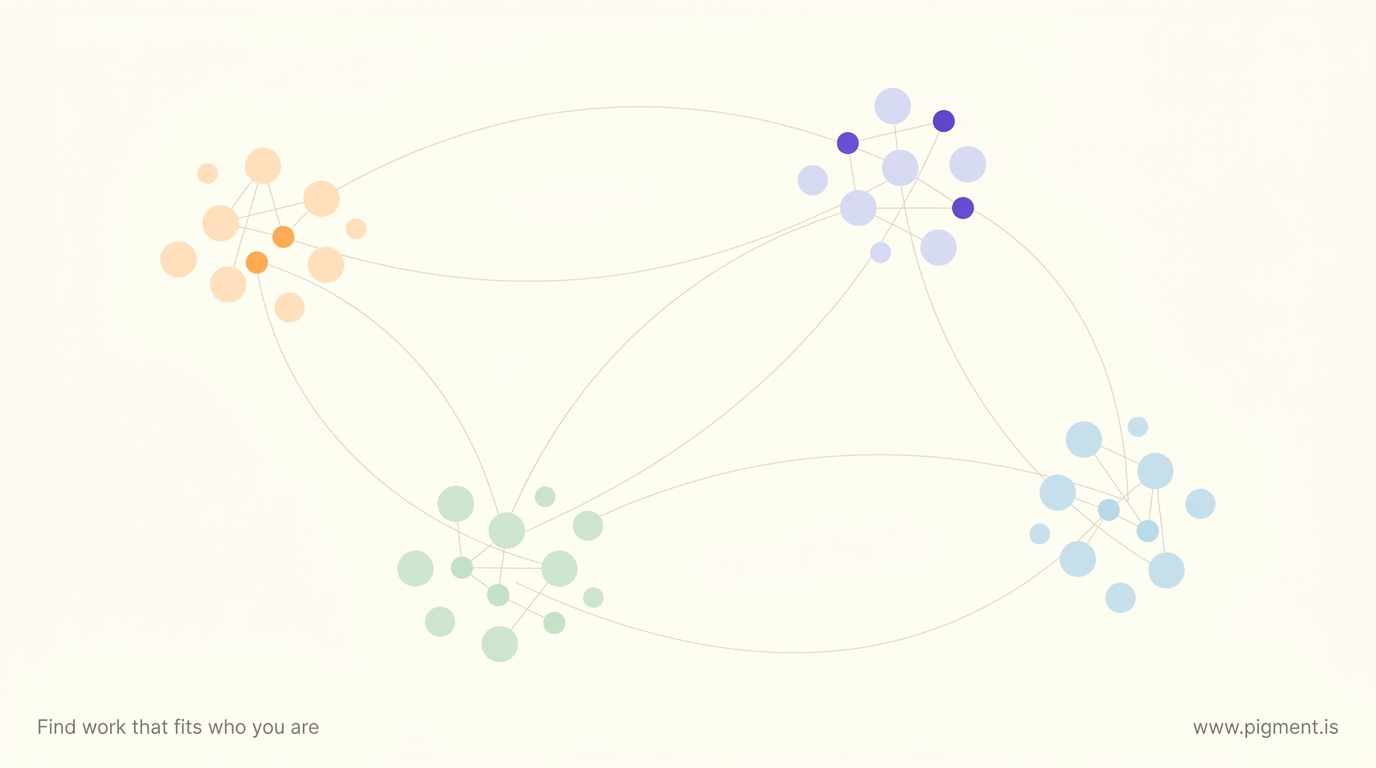 An abstract constellation of small dots in four soft clusters, peach, lavender, mint, and ice blue, joined by thin lines on warm cream, evoking talent themes gathered into the four CliftonStrengths domains