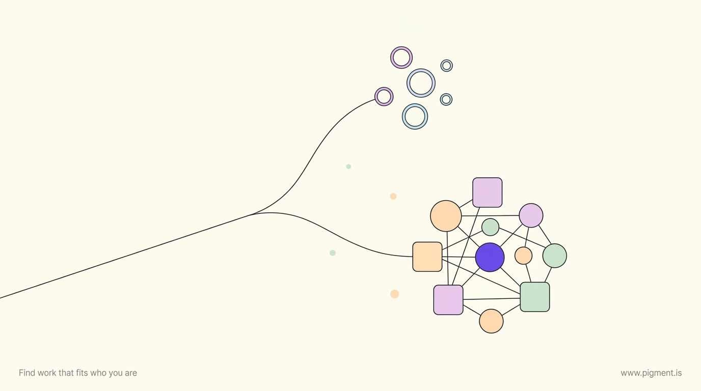 Abstract geometric composition on cream: one path forks into a small cluster of pale outlined circles and a larger ordered constellation of filled shapes, suggesting a free look-alike quiz versus a full measured strengths profile