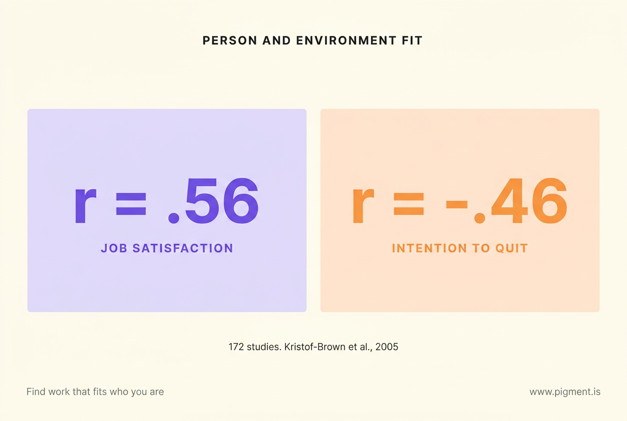Two stat cards under the heading Person and environment fit. Left card: r = .56 for job satisfaction. Right card: r = -.46 for intention to quit. Caption: 172 studies, Kristof-Brown et al., 2005.