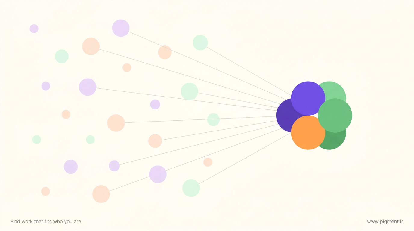 Abstract warm constellation of soft lavender, peach, and mint circles spreading wide on the left and converging into a small focused cluster of violet, orange, and green circles on the right.