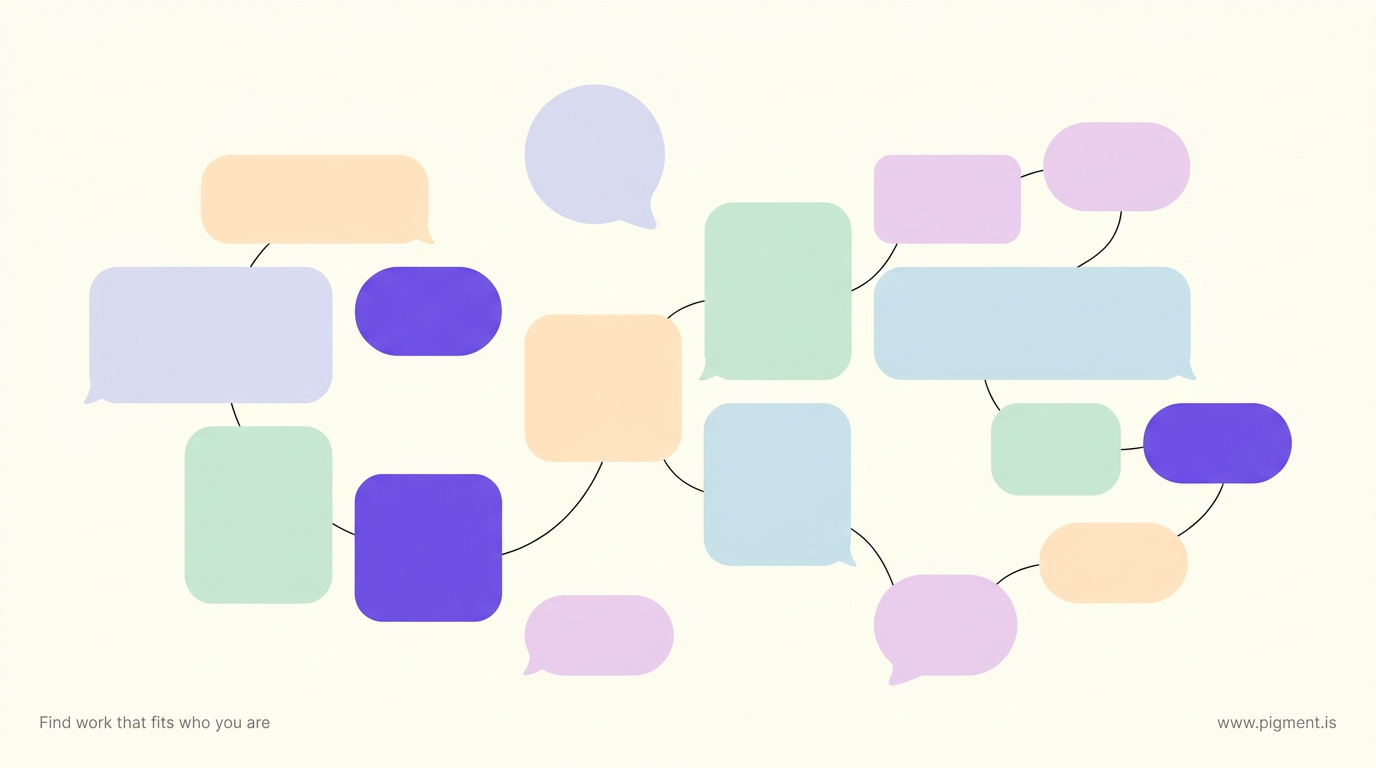 Abstract warm Pigment hero: a loose constellation of separate rounded speech-forms in peach, lavender, lilac, mint, and ice blue on cream, a few joined by thin lines, evoking communication as many distinct behaviors rather than one.