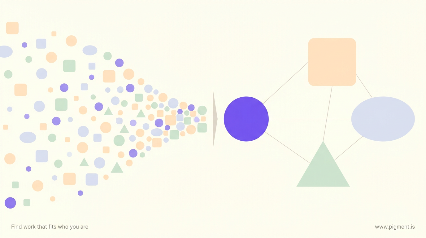 Abstract Pigment illustration on cream: many small shapes funnel through a narrow gap on the left, then reopen on the right into a distinct constellation, evoking a hiring filter versus a full self-portrait.