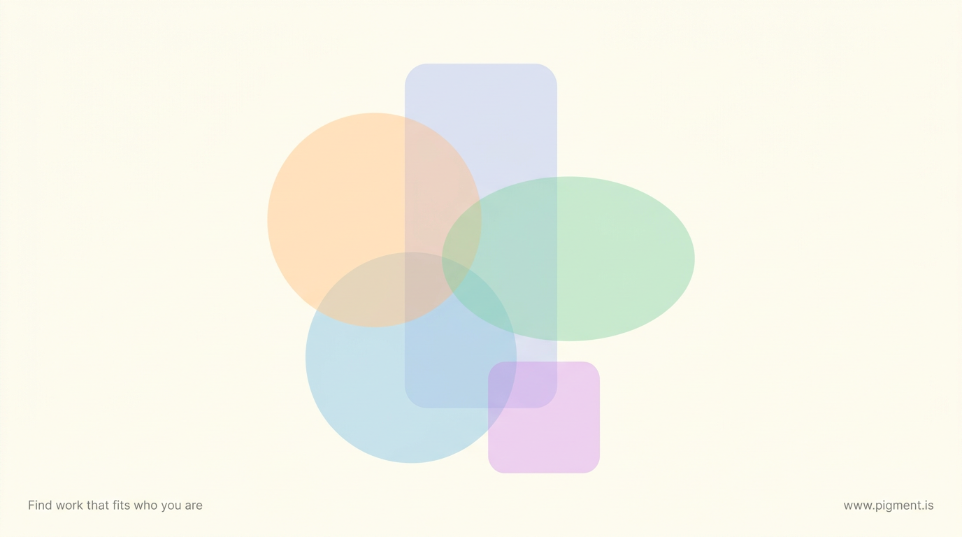 Abstract flat-vector composition on warm cream: five translucent overlapping shapes in peach, lavender, mint, ice blue, and lilac drawing toward a shared center, suggesting separate free tools combining into one career read.
