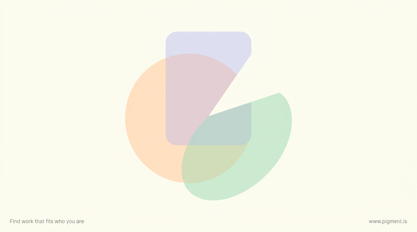Abstract flat-vector composition on warm cream: soft translucent shapes in peach, lavender, and mint forming most of a rounded portrait, with one clear wedge left open, suggesting a free personality read that leaves fit unmeasured.