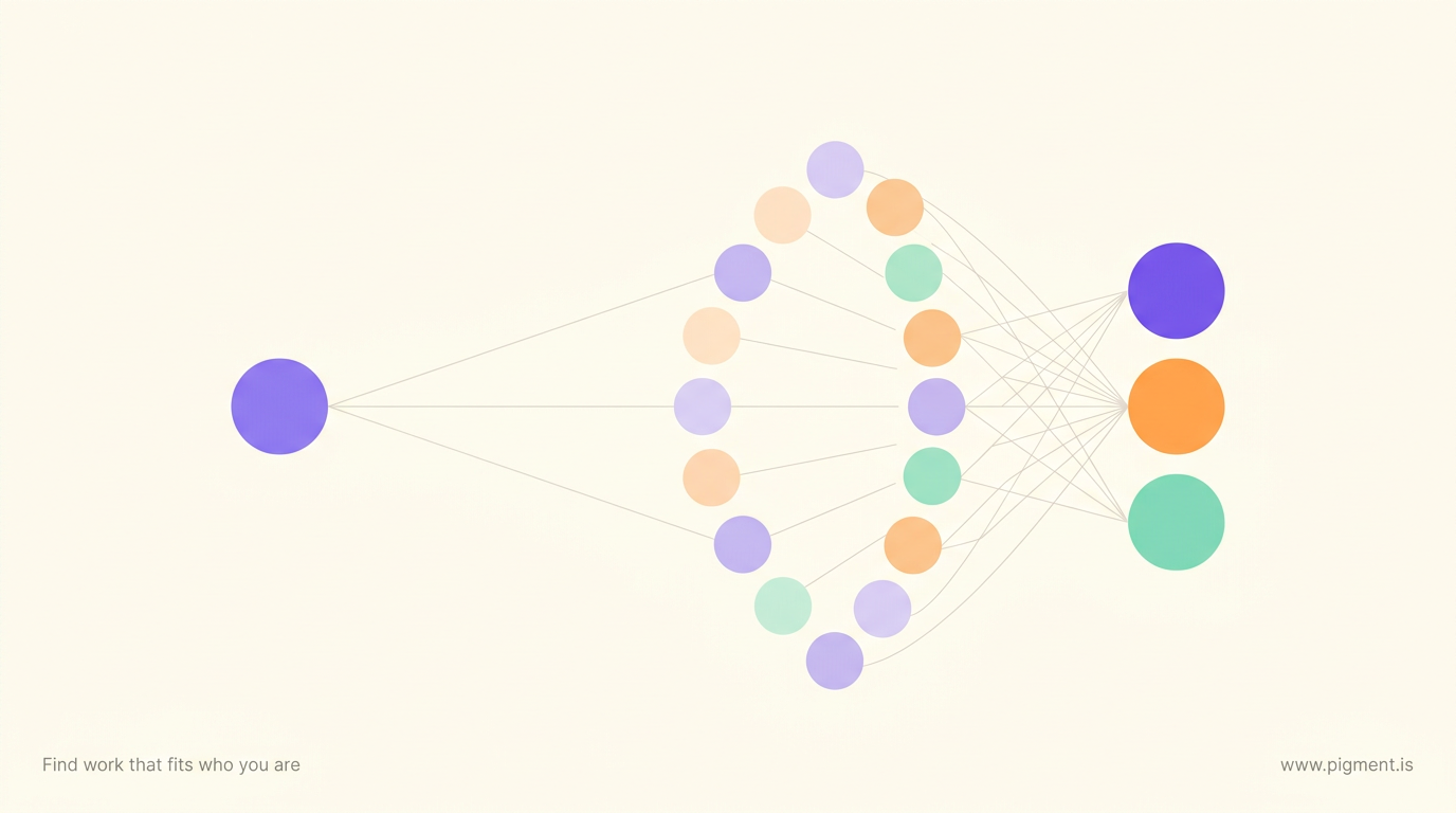 Abstract flat vector composition on warm cream: a small cluster of dots fanning outward into a wide arc of pale circles, then drawing back into three solid shapes, suggesting options widening and then narrowing.