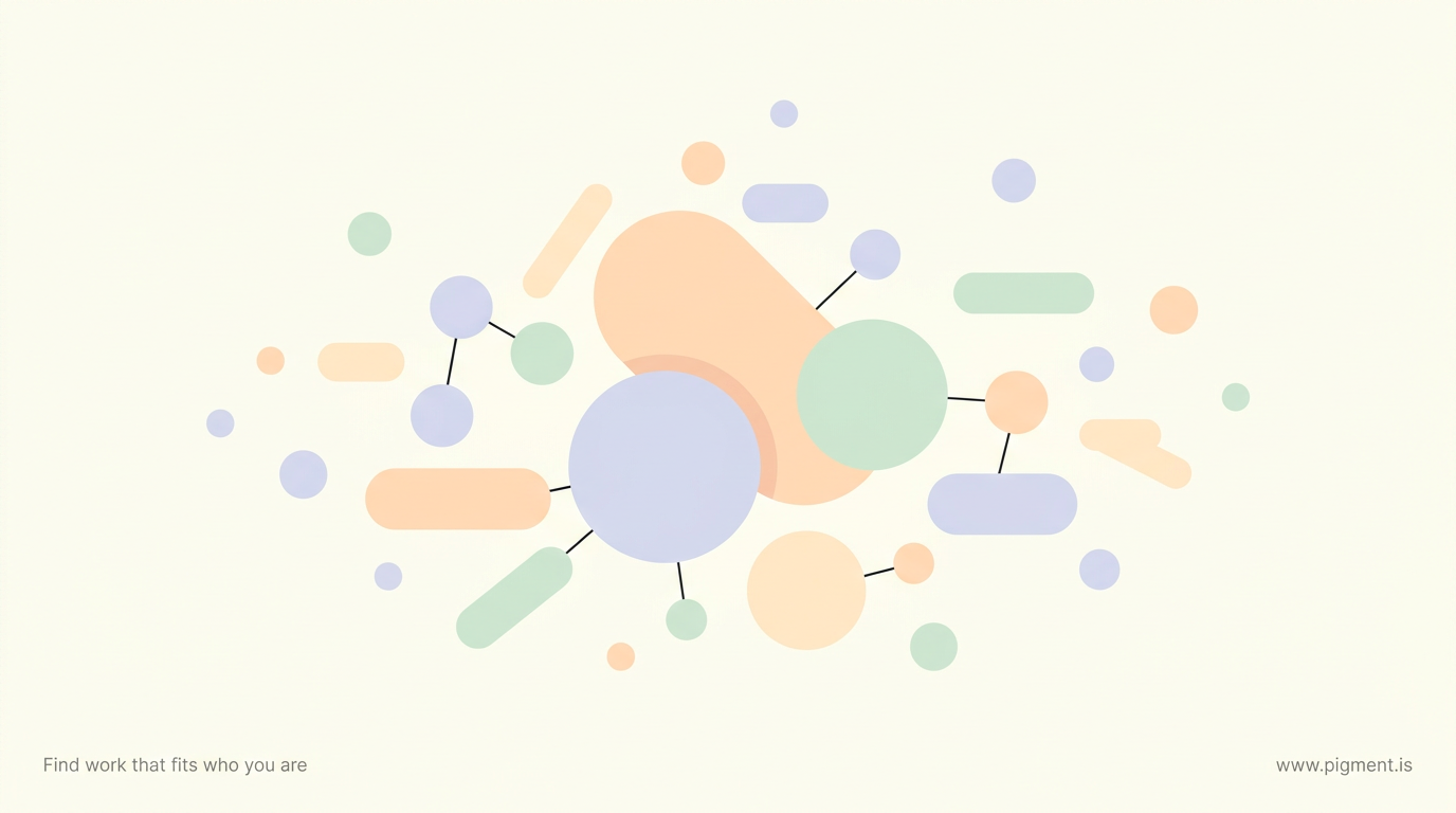 Abstract Pigment composition in peach, lavender, and mint on warm cream: layered geometric forms clustered with depth, evoking distinct innate aptitudes and the working-fit layer around them.
