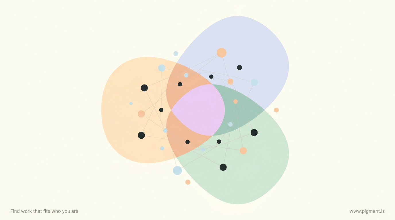 Abstract Pigment composition: three soft overlapping shapes in peach, lavender, and mint meet at a lilac center, with a loose constellation of small dots gathering inside the overlap, evoking many patterns converging on one direction