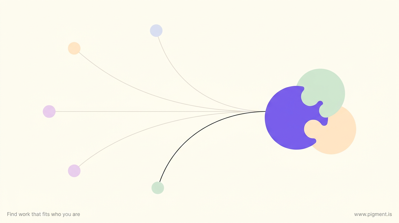 Abstract flat vector hero: soft pastel paths fan out from one point, then draw together and settle into a cluster of nested peach, mint, and violet shapes, suggesting motivation finding its fit.