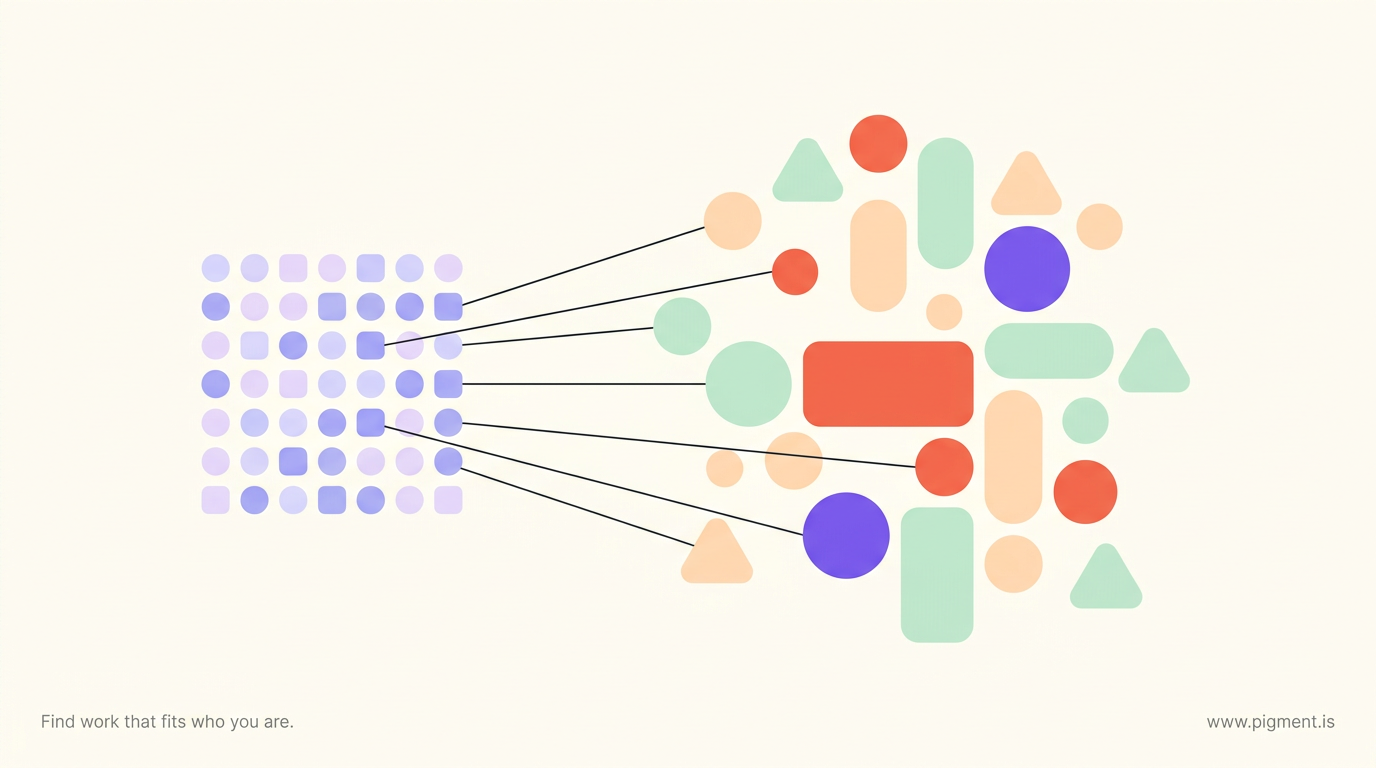 Abstract Pigment illustration on cream in peach, lavender and mint: a small ordered grid of shapes opening into a wider constellation, evoking how a maths aptitude test score expands into questions of career fit.