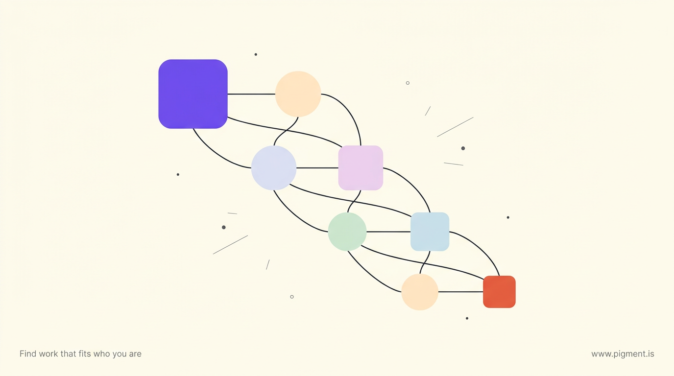 Abstract Pigment constellation of eight small nodes in peach, lavender, lilac, mint, and ice blue set in four descending tiers with a violet anchor node, evoking a layered cognitive function stack, no labels