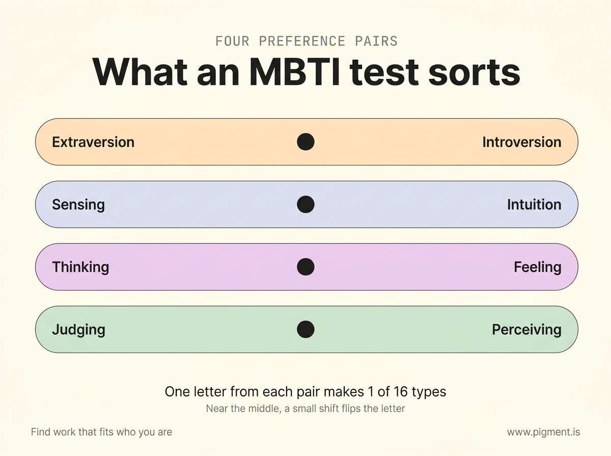 Infographic of the four MBTI preference pairs shown as spectrum bars: Extraversion or Introversion, Sensing or Intuition, Thinking or Feeling, Judging or Perceiving, each with a marker near the center. One letter from each pair makes 1 of 16 types.
