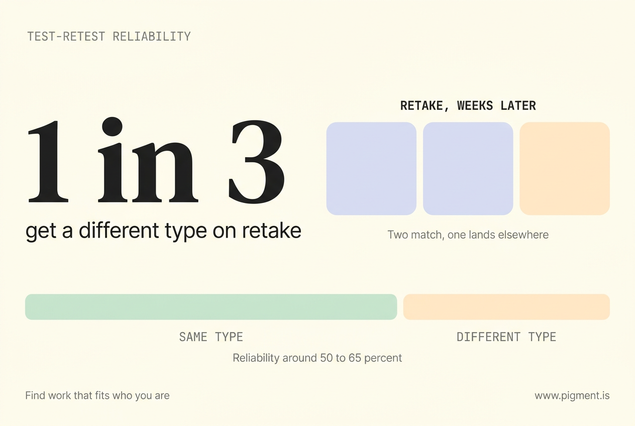 Flat vector data visualization on test-retest reliability. A large 1 in 3 figure reads get a different type on retake. Three blocks show two matching in lavender and one differing in peach. A mint and peach strip shows reliability around 50 to 65 percent.