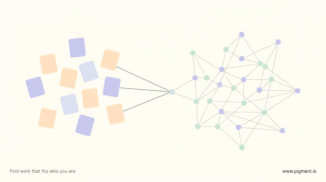 Abstract flat vector art: scattered blank lavender and peach type cards on the left resolve into a connected mint and lavender dot constellation on the right, on cream, showing a simple four letter type giving way to a fuller profile.