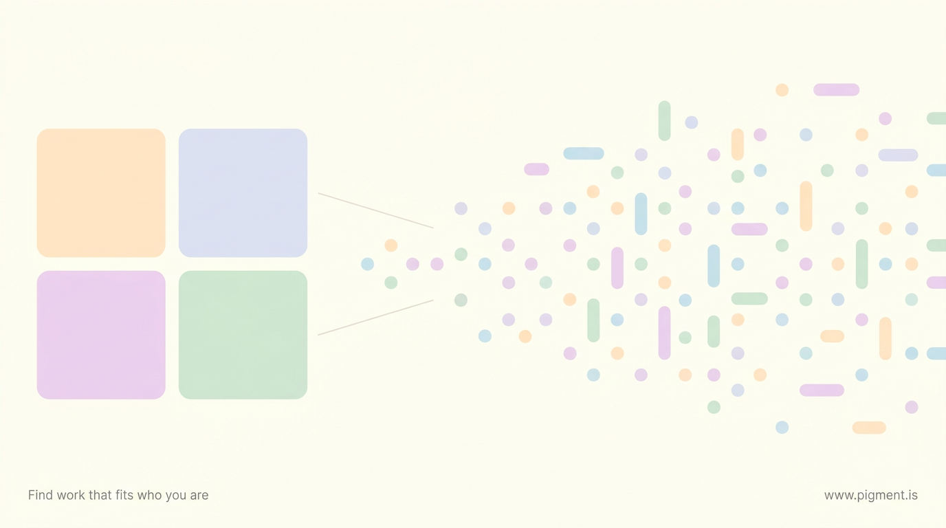 Abstract flat vector illustration in warm cream: four soft peach, lavender, lilac, and mint squares on the left dissolve into a scattered field of small dots on the right, showing rigid personality-type boxes opening into a continuous spectrum.