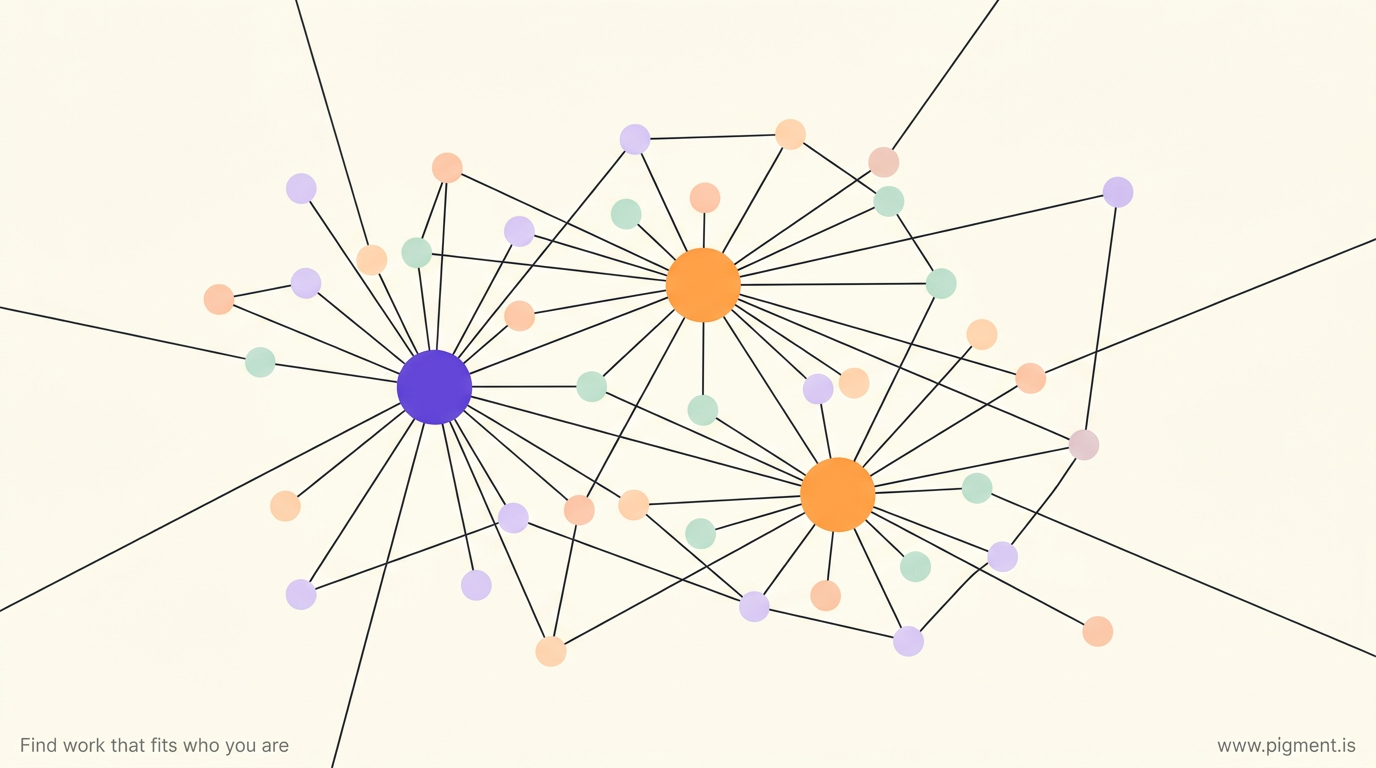 Abstract warm constellation of small pastel nodes linked by thin charcoal lines, evoking an analytical, idea-driven mind, with one node held slightly apart from the cluster yet still connected to suggest independence held without disconnection