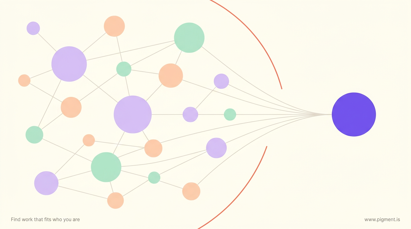 Warm abstract constellation of lavender, peach, and mint circles connected by thin lines, resolving toward a single violet focal circle, suggesting cognitive tendencies settling into one clear direction.