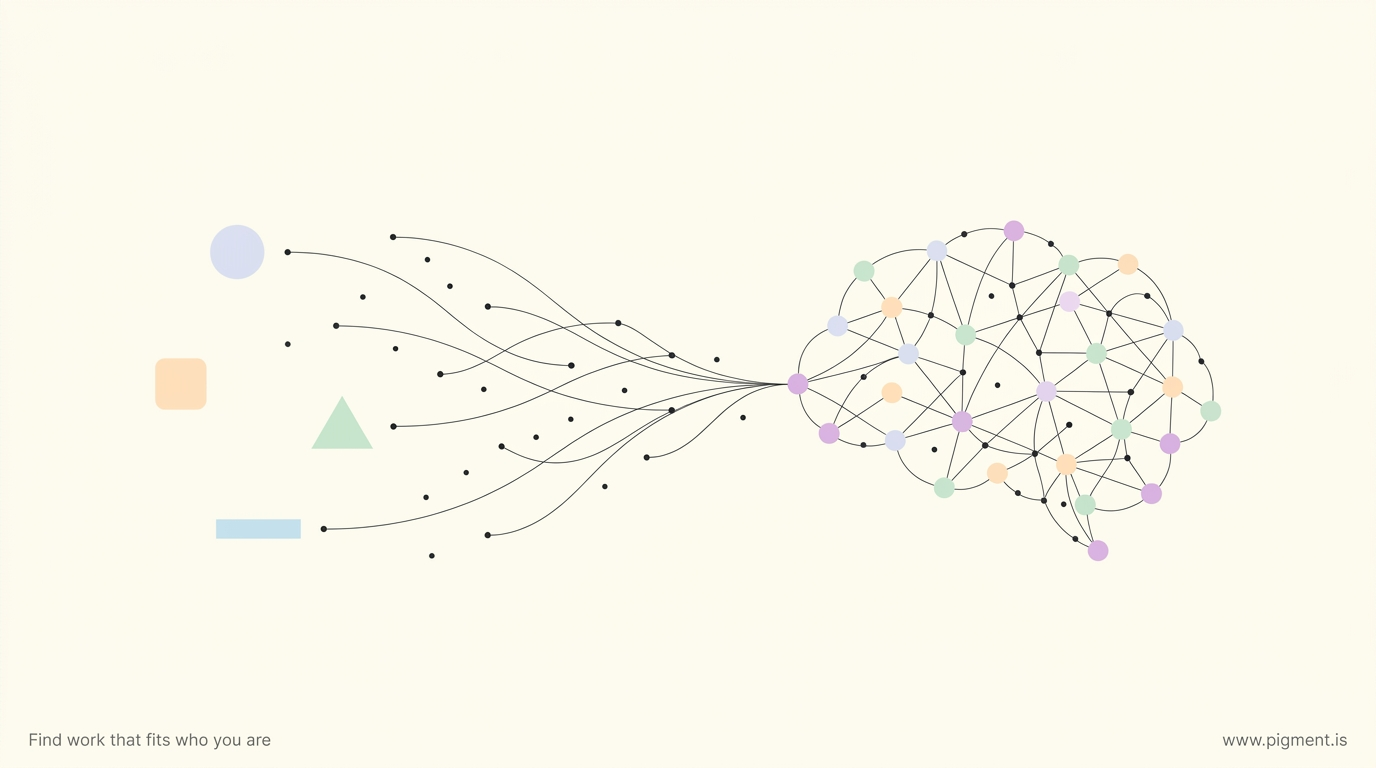 Abstract Pigment hero: four small pastel shapes, a circle, square, triangle and bar, flow rightward into one dense charcoal-and-lavender constellation of connected dots, suggesting four type letters becoming one measured direction