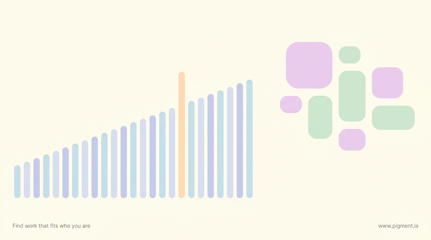 Abstract warm composition: a neat measured row of graduated upright forms in cool tones with one highlighted, beside an open airy field of distinct soft shapes, evoking a percentile ranking versus the fuller person it cannot capture.