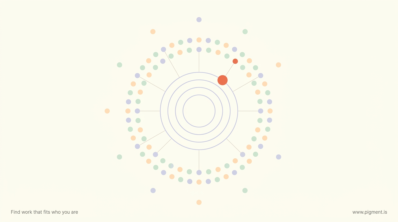 Abstract warm composition of concentric rings and scattered dots in peach, lavender, and mint on a cream background, evoking careful measurement in an online career assessment.
