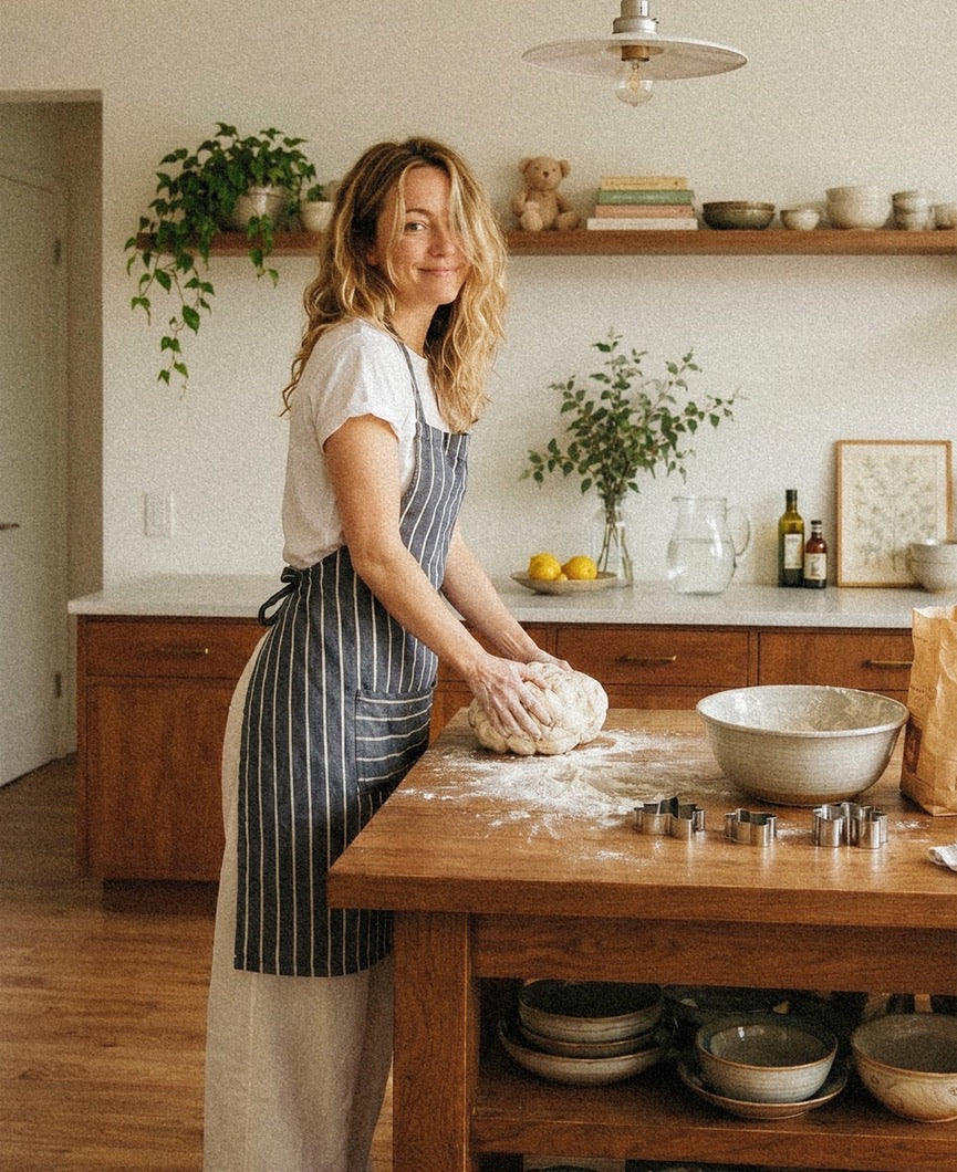 Person in a striped apron kneading dough at a sunlit kitchen counter.