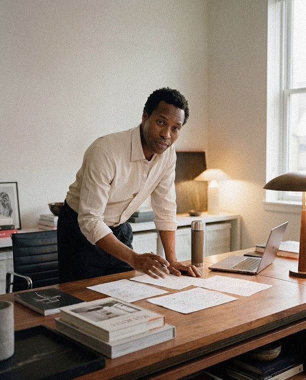 Person writing notes at a wooden desk in a warmly lit office.