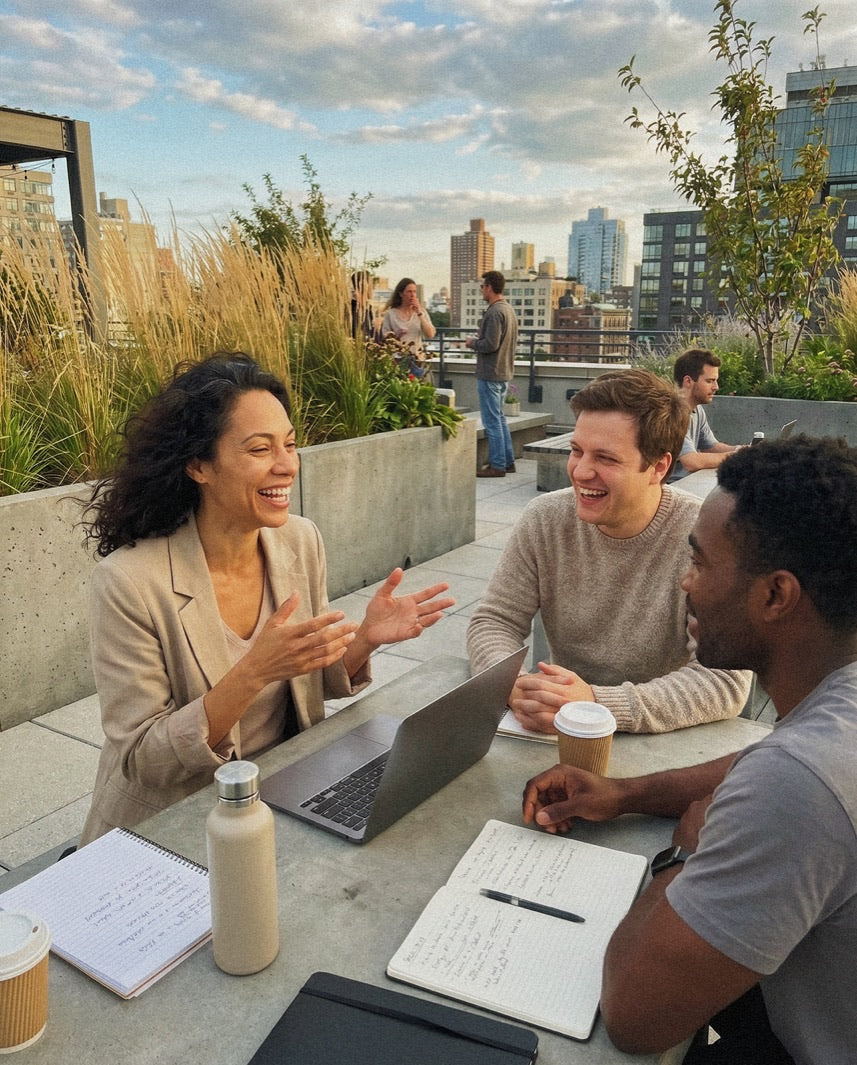 Three colleagues laughing together at an outdoor rooftop table with the city skyline behind.