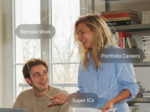 Two colleagues collaborating with labels Remote Work, Portfolio Careers, and Super ICs