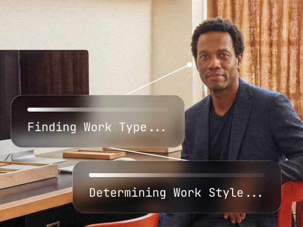 Man at a desk with interface labels reading Finding Work Type and Determining Work Style