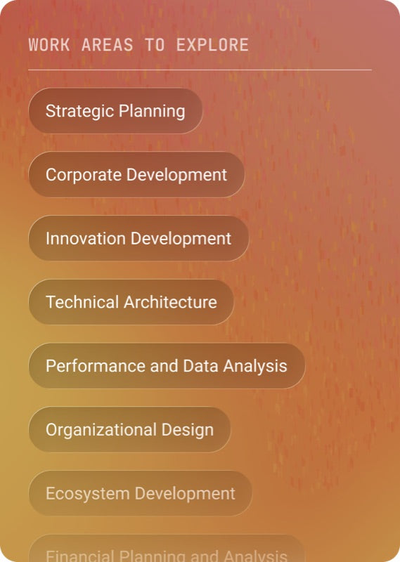 Work areas to explore list from the Career Self-Discovery Assessment showing matched roles like Strategic Planning, Corporate Development, and Innovation Development