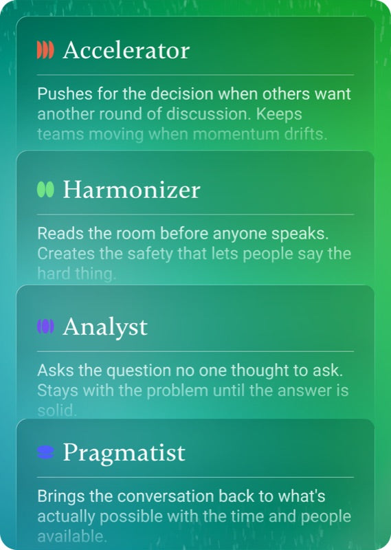 Four working style archetypes from the Career Self-Discovery Assessment — Accelerator, Harmonizer, Analyst, and Pragmatist