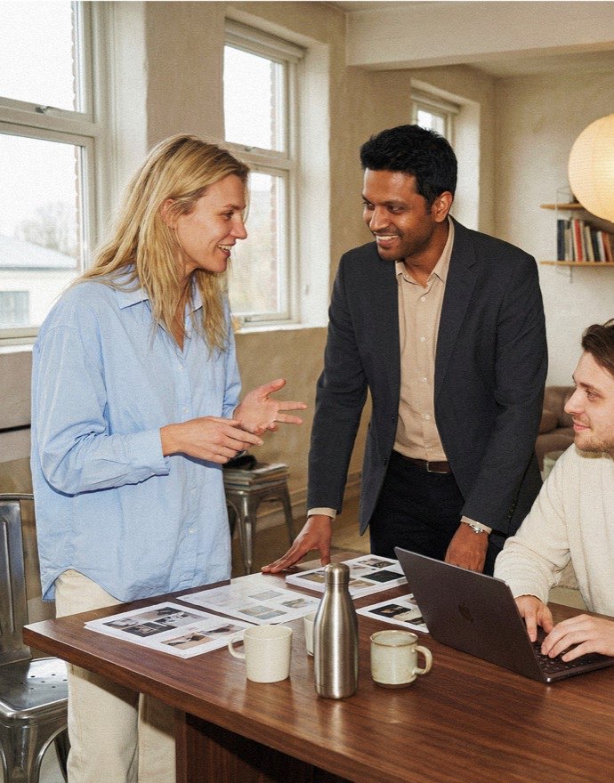 Career Self-Discovery Assessment trading-card section showing colleagues collaborating over project layouts